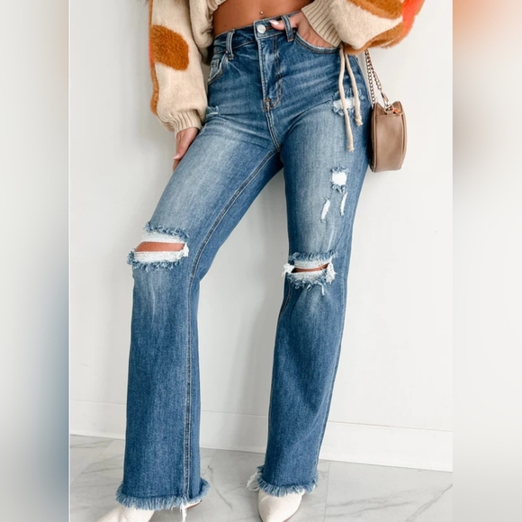 RISEN HR Medium Wash Straight Fit Distressed Denim Jeans Stretch Various NEW - Picture 14 of 15